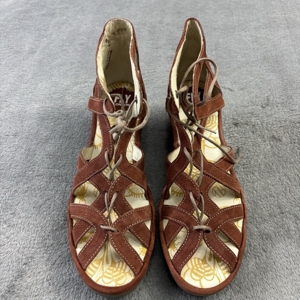 Fly London Wedge Sandals 8.5US 40 Brown Lace Up Suede Vacation Bohemian Open Toe